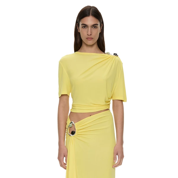Christopher Esber Orica Crystal Ruched Jersey Tee in Targa Yellow | T-shirts | Coveti
