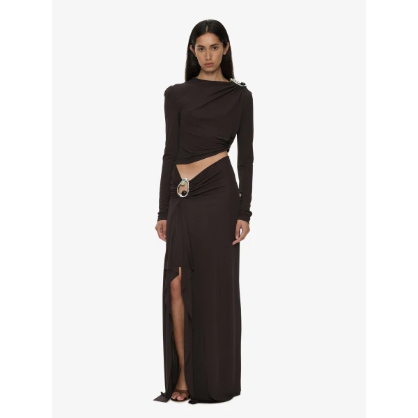 Christopher Esber Orica Crystal Ruched Long Sleeve Top in Molasses | Long Sleeve | Coveti