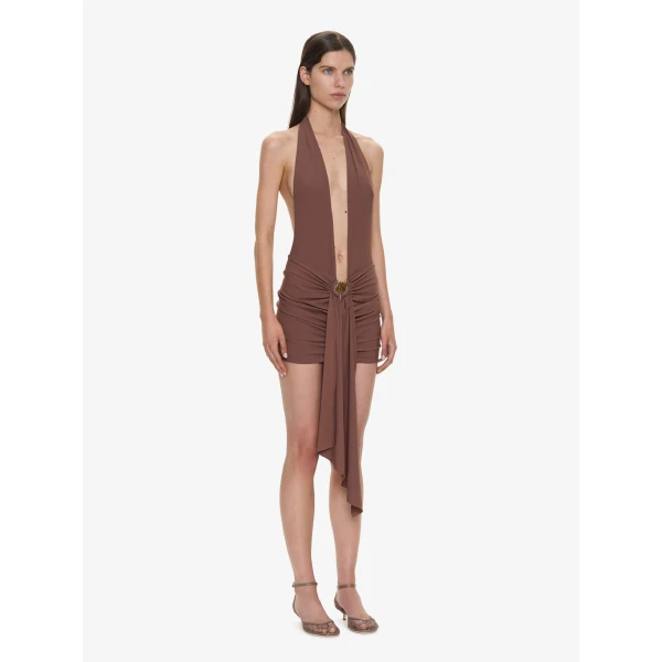 Christopher Esber Pierced Orbit Halter Drape Mini Dress in Husk Brown | Mini Dresses | Coveti