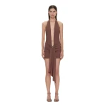 Christopher Esber Pierced Orbit Halter Drape Mini Dress in Husk Brown | Mini Dresses | Coveti