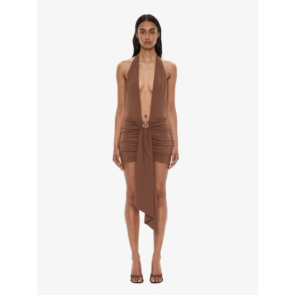 Christopher Esber Pierced Orbit Halter Drape Mini Dress in Husk Brown | Mini Dresses | Coveti
