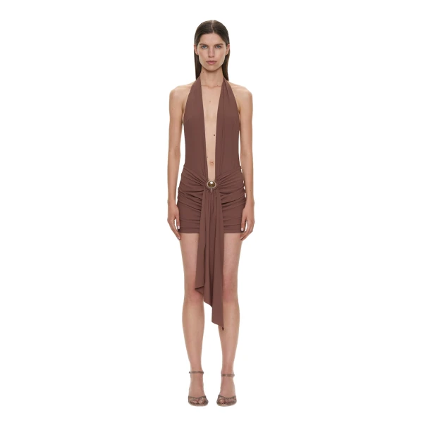 Pierced Orbit Halter Drape Mini Dress in Husk Brown