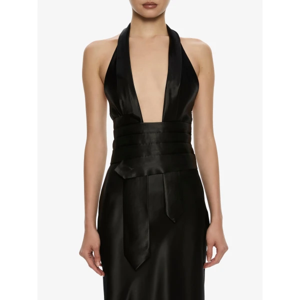 Christopher Esber Reyer Satin Tie Gown in Black | Evening Gowns | Coveti