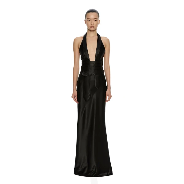 Christopher Esber Reyer Satin Tie Gown in Black | Evening Gowns | Coveti