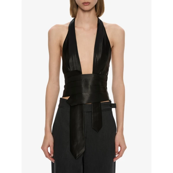 Christopher Esber Reyer Satin Tie Top in Black | Tops | Coveti
