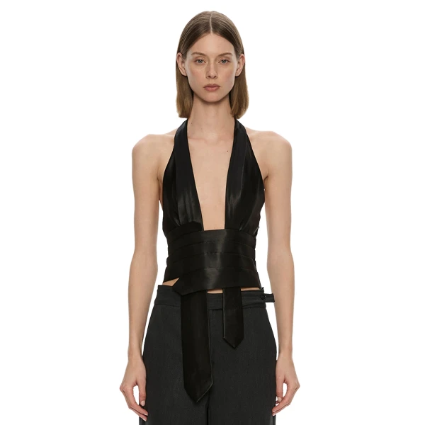 Reyer Satin Tie Top in Black