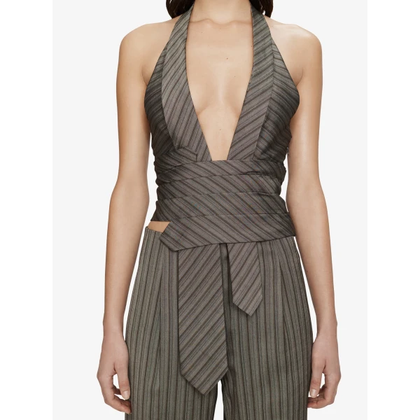 Christopher Esber Reyer Tailored Tie Top in Graphite Stripe | Tops | Coveti
