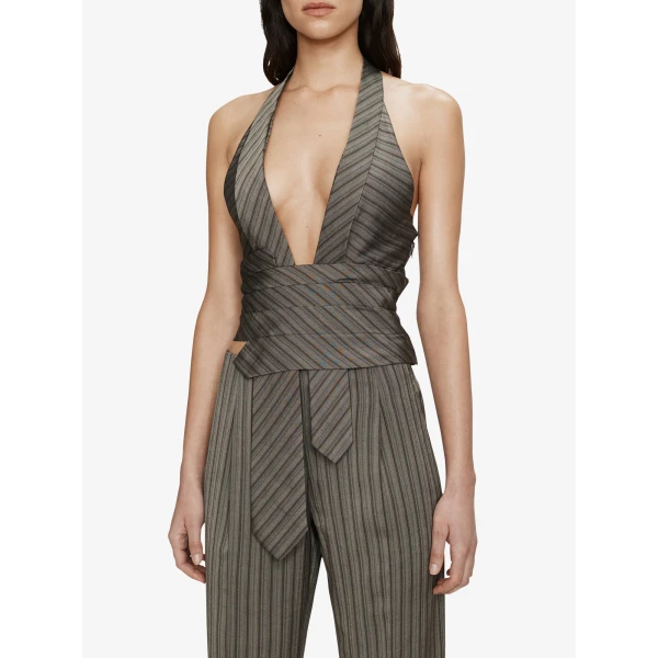 Christopher Esber Reyer Tailored Tie Top in Graphite Stripe | Tops | Coveti
