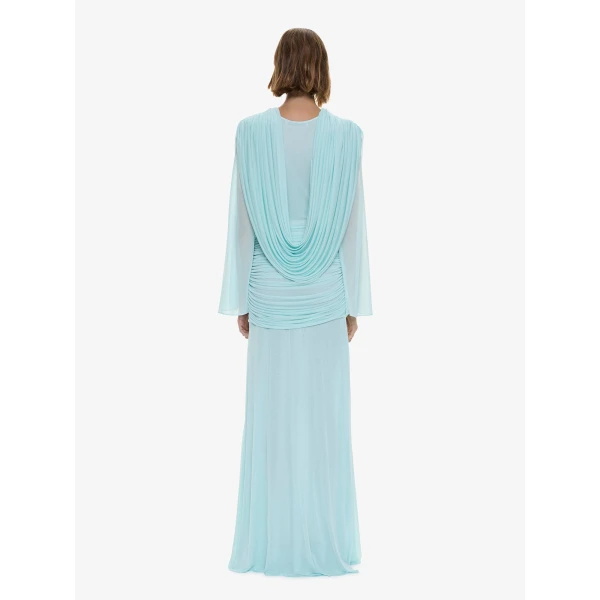 Christopher Esber Ripple Drape Long Sleeve Gown in Mystic Mint | Evening Gowns | Coveti