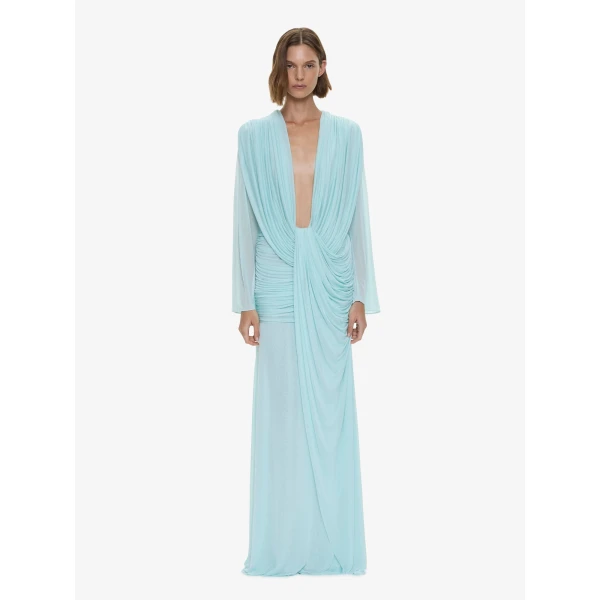 Christopher Esber Ripple Drape Long Sleeve Gown in Mystic Mint | Evening Gowns | Coveti