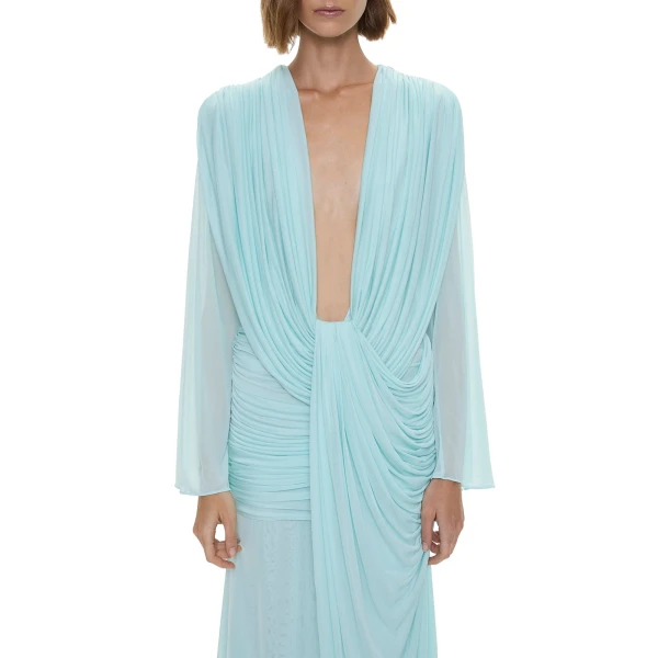 Christopher Esber Ripple Drape Long Sleeve Gown in Mystic Mint | Evening Gowns | Coveti