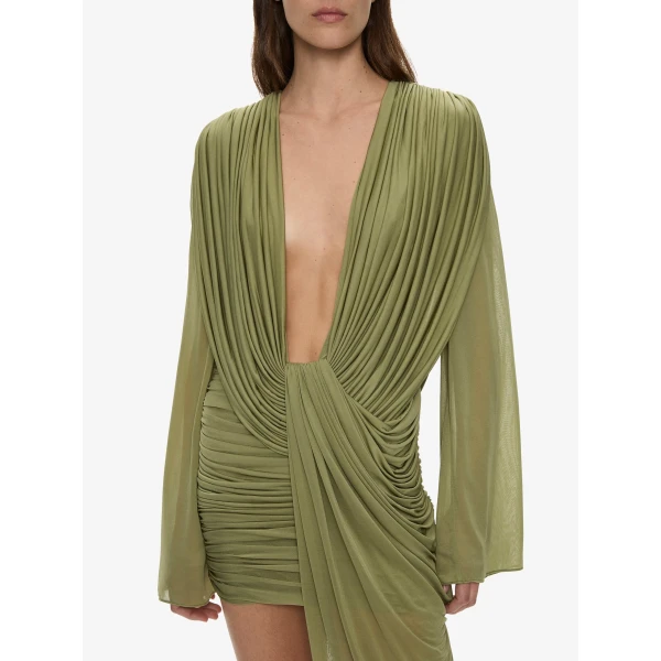 Christopher Esber Ripple Drape Long Sleeve Mini Dress in Fennel | Mini Dresses | Coveti