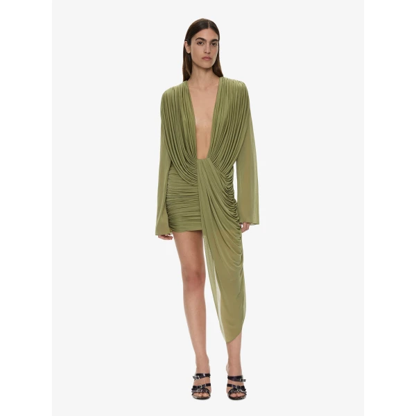 Christopher Esber Ripple Drape Long Sleeve Mini Dress in Fennel | Mini Dresses | Coveti