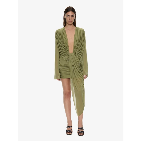 Christopher Esber Ripple Drape Long Sleeve Mini Dress in Fennel | Mini Dresses | Coveti