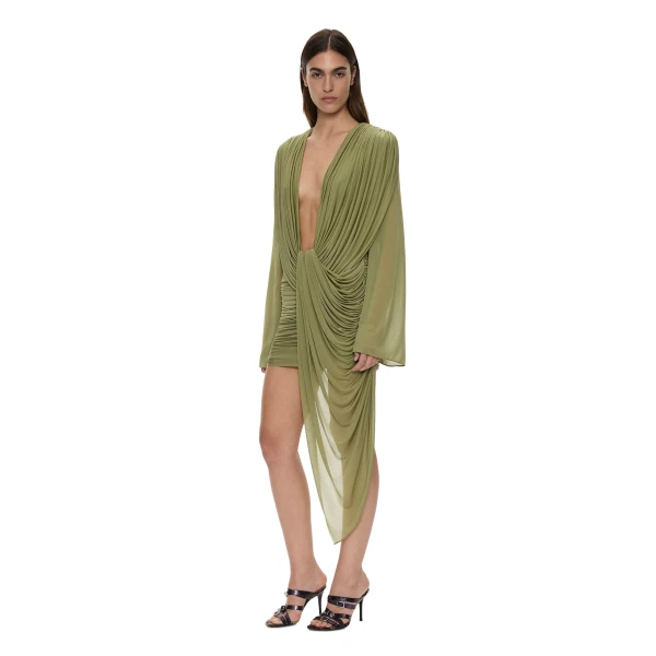 Christopher Esber Ripple Drape Long Sleeve Mini Dress in Fennel | Mini Dresses | Coveti