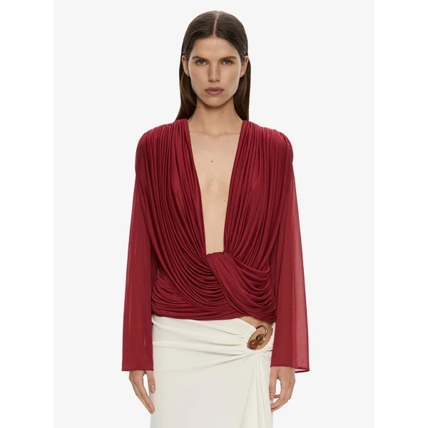 Christopher Esber Ripple Drape Long Sleeve Top in Wine | Long Sleeve | Coveti
