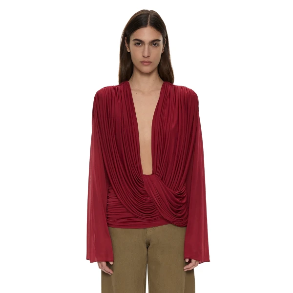 Ripple Drape Long Sleeve Top in Wine