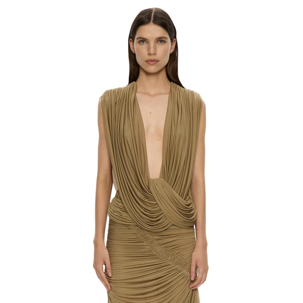 Christopher Esber Ripple Drape Top in Khaki | Tops | Coveti