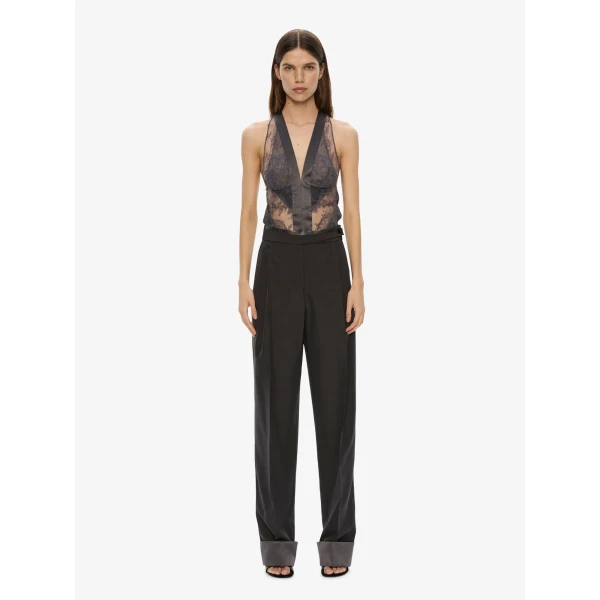 Christopher Esber Rowan Sateen Cuffed Trouser in Dark Smoke | Pants | Coveti