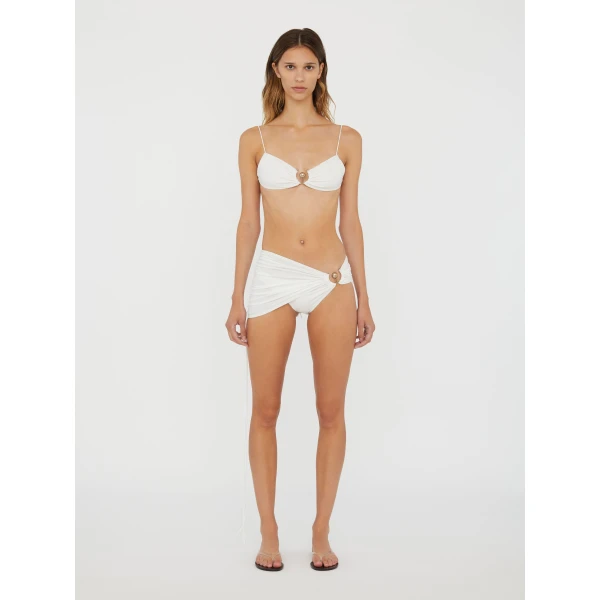 Christopher Esber Ruched Orbit Miniscule Bikini Top in White | Bikini | Coveti