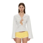 Christopher Esber Salacia Ruched Long Sleeve Top in Grey Marle | Long Sleeve | Coveti