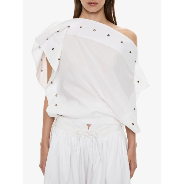 Christopher Esber Spiral Stone Snap Poplin Top in White | Shirts | Coveti
