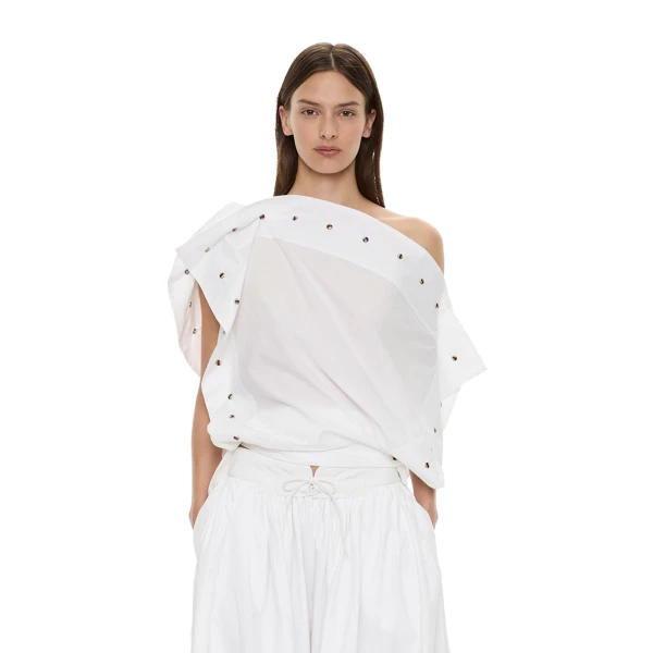 Spiral Stone Snap Poplin Top in White