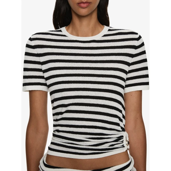 Christopher Esber Stripe Knit Ruched Orbit Tee in Black White Stripe | Sweaters | Coveti