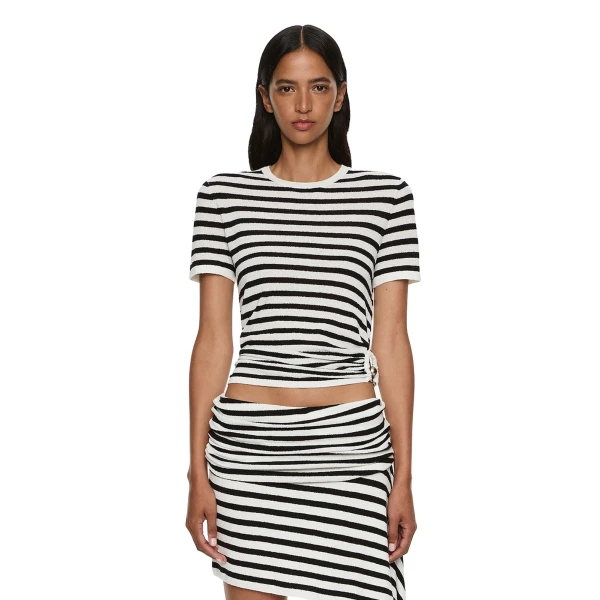 Stripe Knit Ruched Orbit Tee in Black White Stripe