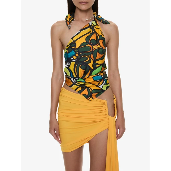 Christopher Esber Tropic Nouveau Scarf Tie Top in Orange Tropic Nouveau Print | Tops | Coveti