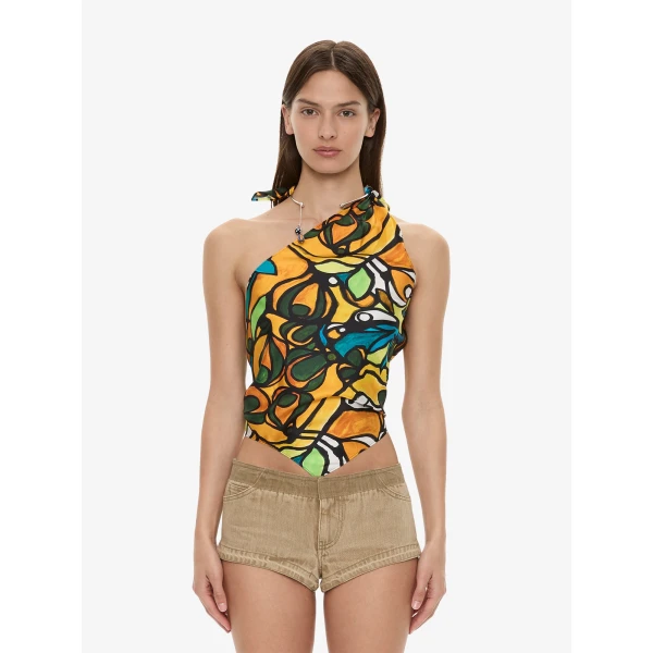 Christopher Esber Tropic Nouveau Scarf Tie Top in Orange Tropic Nouveau Print | Tops | Coveti
