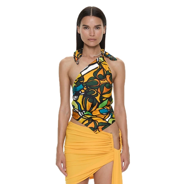 Christopher Esber Tropic Nouveau Scarf Tie Top in Orange Tropic Nouveau Print | Tops | Coveti