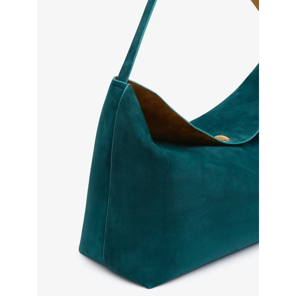 Christopher Esber Turnlock Suede Shoulder Bag in Caspian Green Tan | Shoulder & Crossbody Bags | Coveti