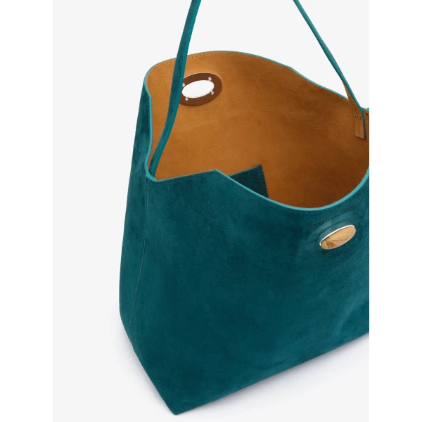 Christopher Esber Turnlock Suede Shoulder Bag in Caspian Green Tan | Shoulder & Crossbody Bags | Coveti