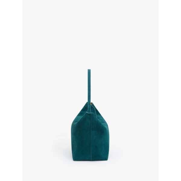 Christopher Esber Turnlock Suede Shoulder Bag in Caspian Green Tan | Shoulder & Crossbody Bags | Coveti