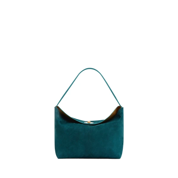 Christopher Esber Turnlock Suede Shoulder Bag in Caspian Green Tan | Shoulder & Crossbody Bags | Coveti