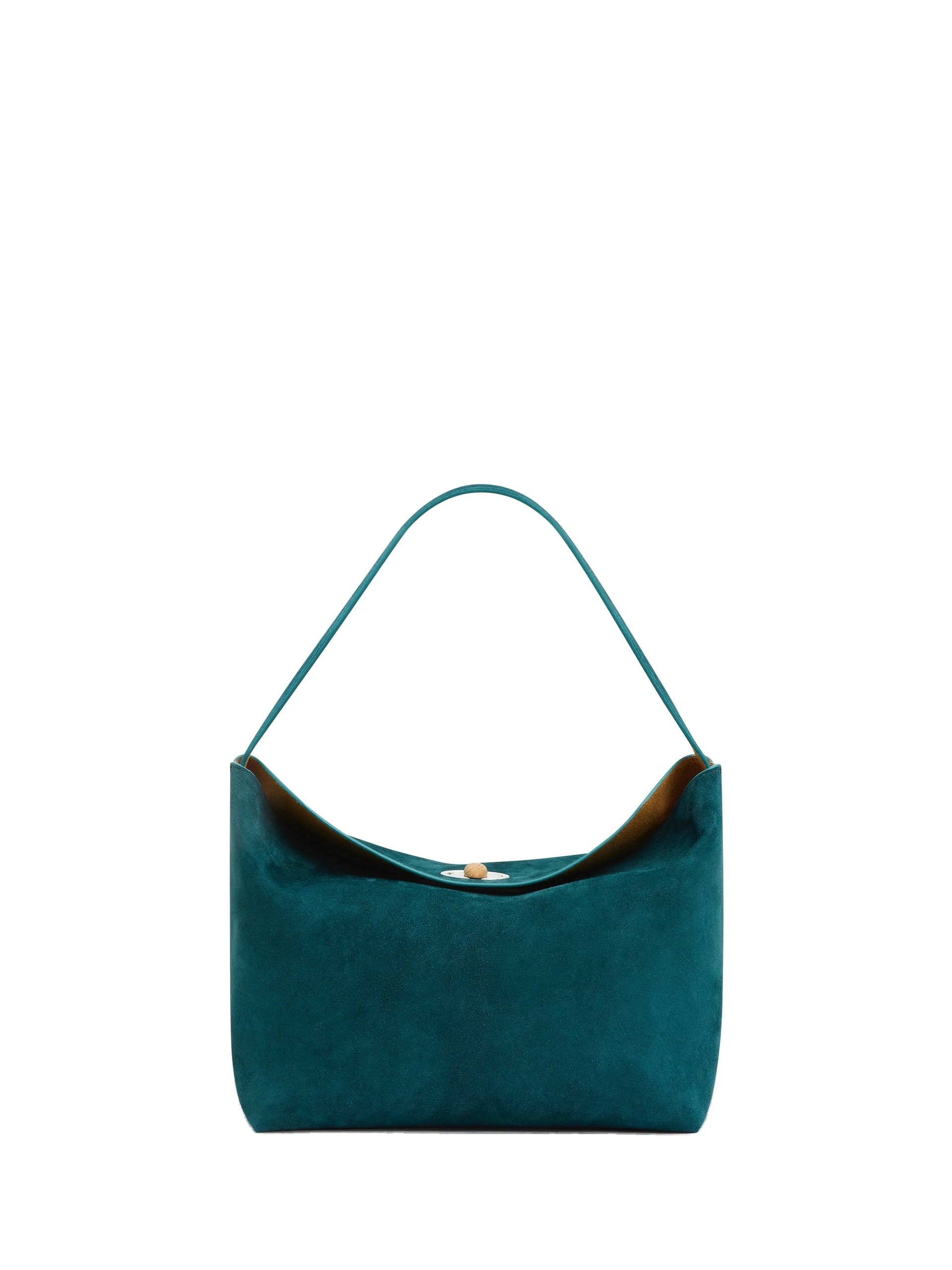 Christopher Esber Turnlock Suede Shoulder Bag in Caspian Green Tan Christopher Esber Turnlock Suede Shoulder Bag in Caspian Green Tan | Shoulder & Crossbody Bags | Coveti