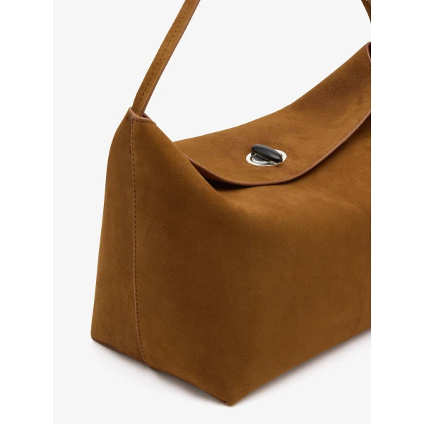 Christopher Esber Turnlock Suede Shoulder Bag in Russet | Shoulder & Crossbody Bags | Coveti