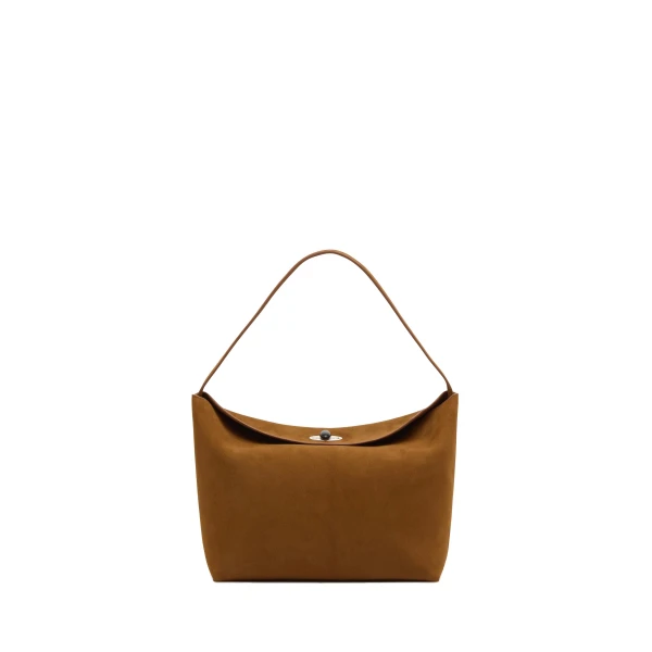Christopher Esber Turnlock Suede Shoulder Bag in Russet | Shoulder & Crossbody Bags | Coveti