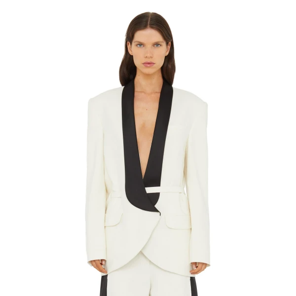 Tuxedo Contrast Silk Blazer in White Black