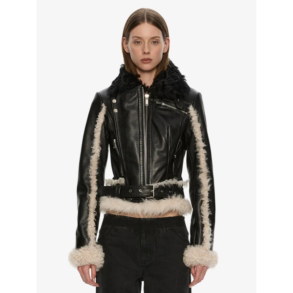 Christopher Esber Tyler Shearling Biker Jacket in Black Cream | Shearling Jackets | Coveti