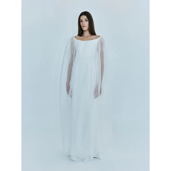 Christopher Esber Vapour Overlay Silk Gown in White | Evening Gowns | Coveti