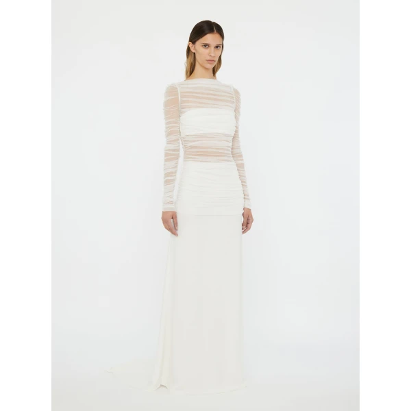 Christopher Esber Veiled Tulle Overlay Gown in White | Evening Gowns | Coveti