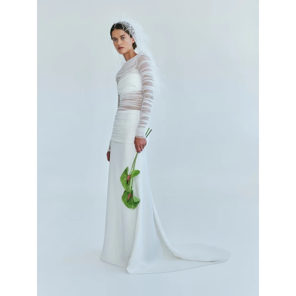 Christopher Esber Veiled Tulle Overlay Gown in White | Evening Gowns | Coveti