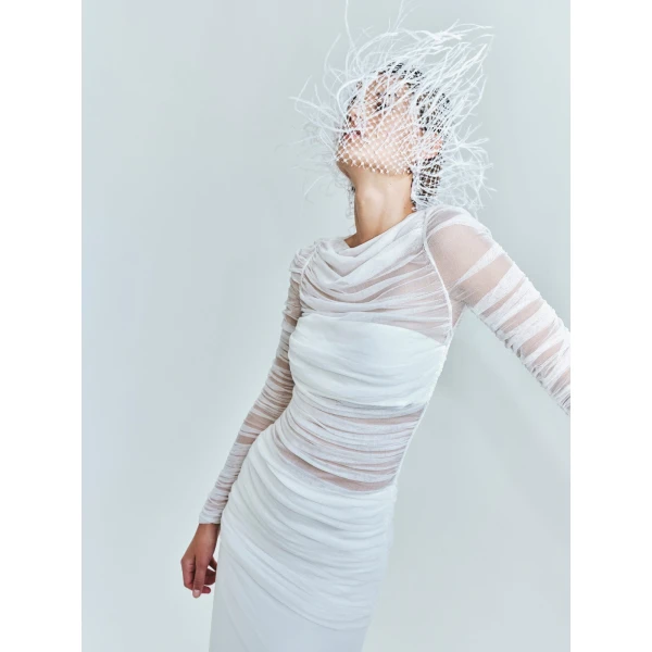 Christopher Esber Veiled Tulle Overlay Gown in White | Evening Gowns | Coveti