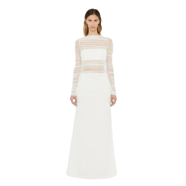 Veiled Tulle Overlay Gown in White
