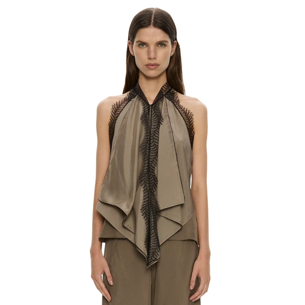 Christopher Esber Vera Split Lace Handkerchief Top in Light Umber | Tops | Coveti