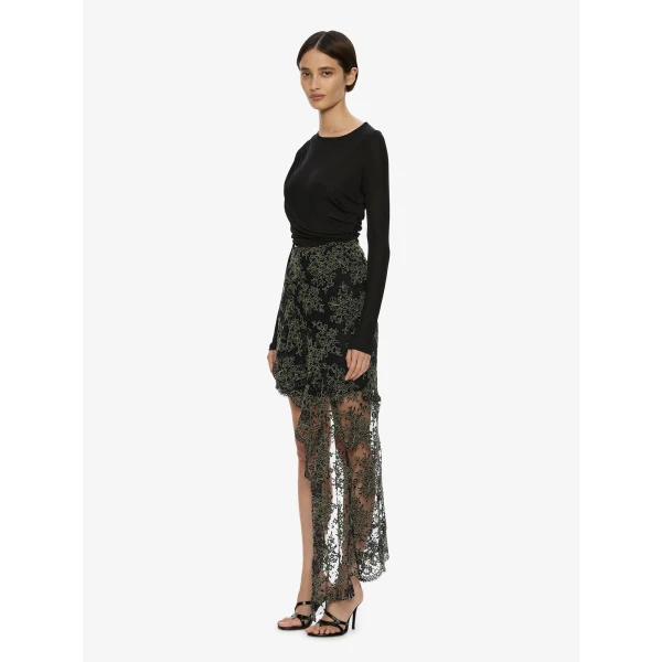 Christopher Esber Verve Twisted Tee Lace Long Sleeve Dress in Fennel Black | Dresses | Coveti