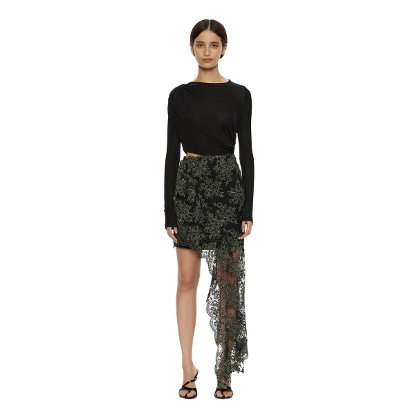 Christopher Esber Verve Twisted Tee Lace Long Sleeve Dress in Fennel Black | Dresses | Coveti