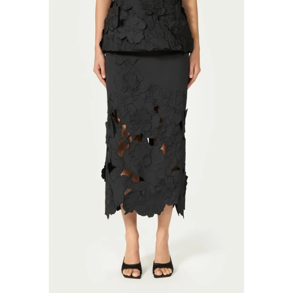 Costarellos Alexina Floral-Cut Satin Pencil Skirt in Black | Pencil Skirts | Coveti